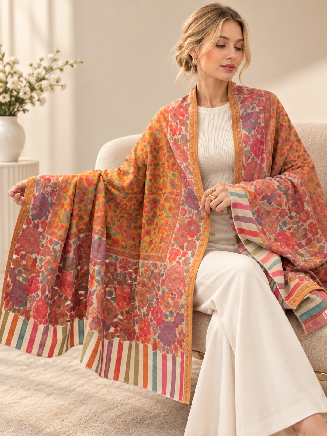 A woman seated indoors wearing a large multicolored patterned shawl draped over her shoulders. The shawl features a warm orange base with floral motifs in pink, red, blue, and green, plus striped border panels.