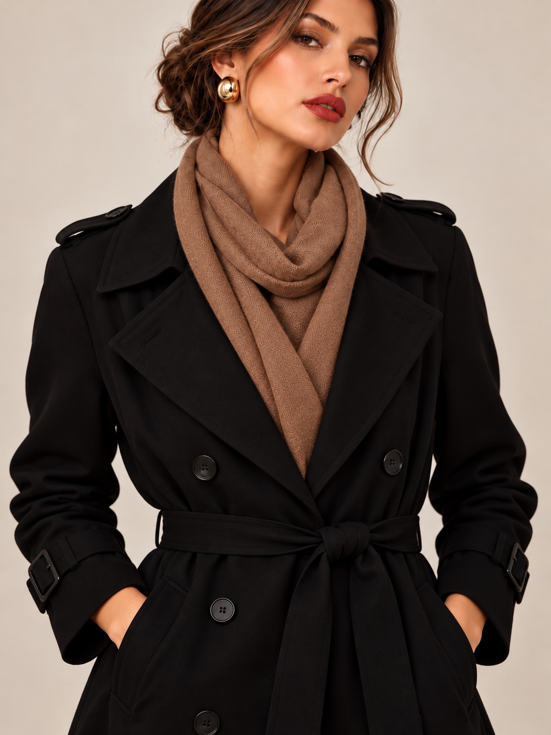 A woman wearing a black double-breasted trench coat with a matching waist tie and a warm taupe-brown knit scarf, posed against a solid light beige background.
