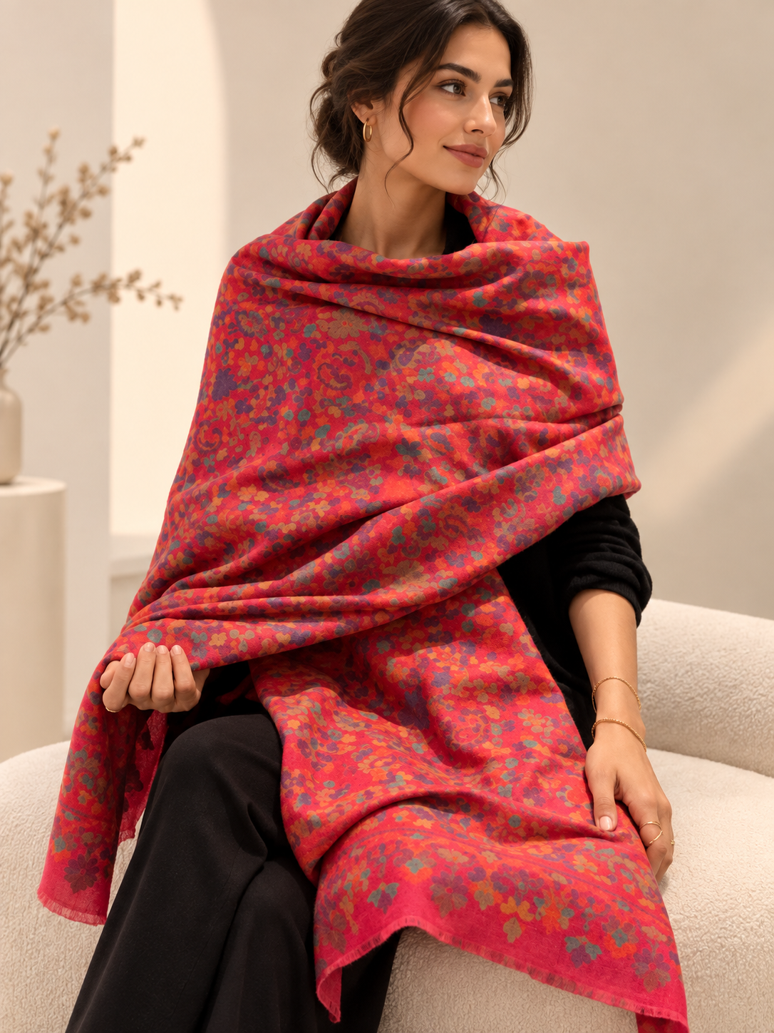 Hand woven pink floral shawl worn by model