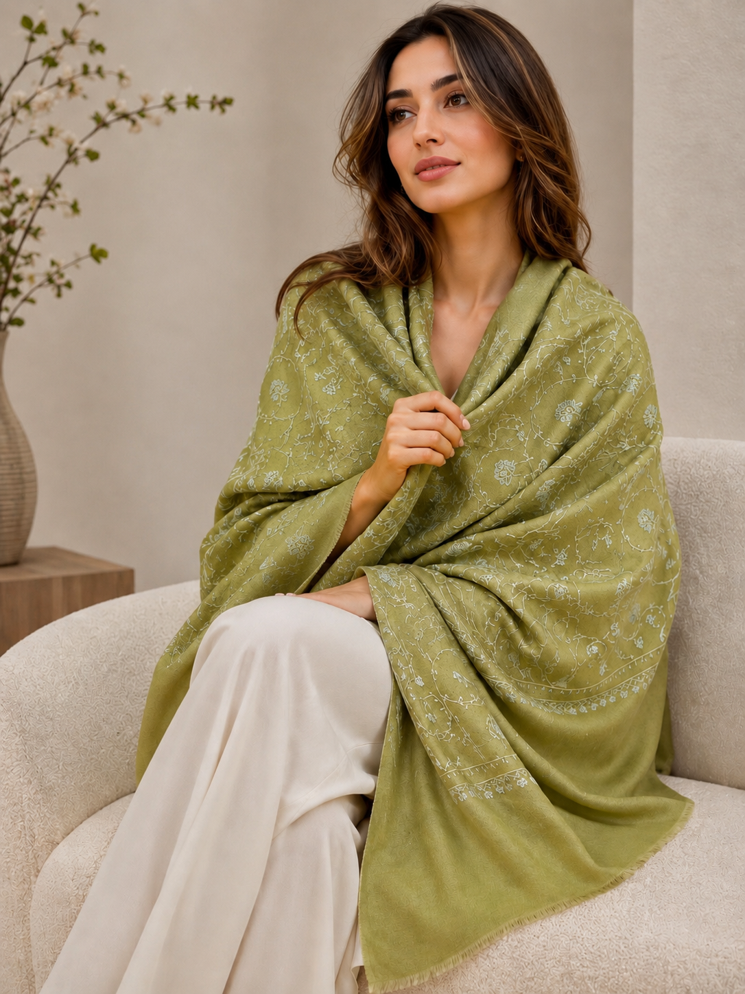 Green handwoven hand embroidered Kashmiri shawl — Kumari's