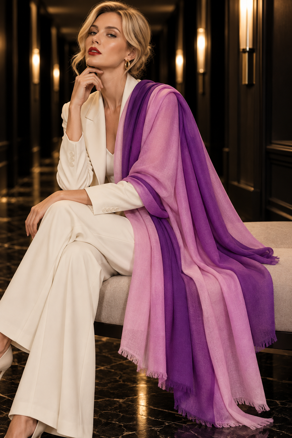 A woman seated on a bench in a dimly lit interior, wearing a white outfit and draped with a large lightweight scarf in a purple-to-pink ombré gradient.