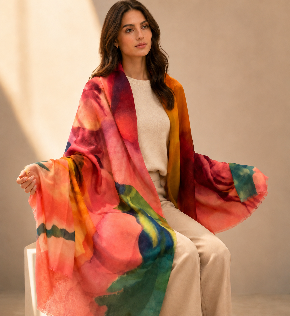 A woman sits on a white stool wearing a lightweight, semi-sheer shawl draped over her shoulders. The shawl features a vibrant watercolor floral pattern with prominent shades of coral pink, orange, red, and green.