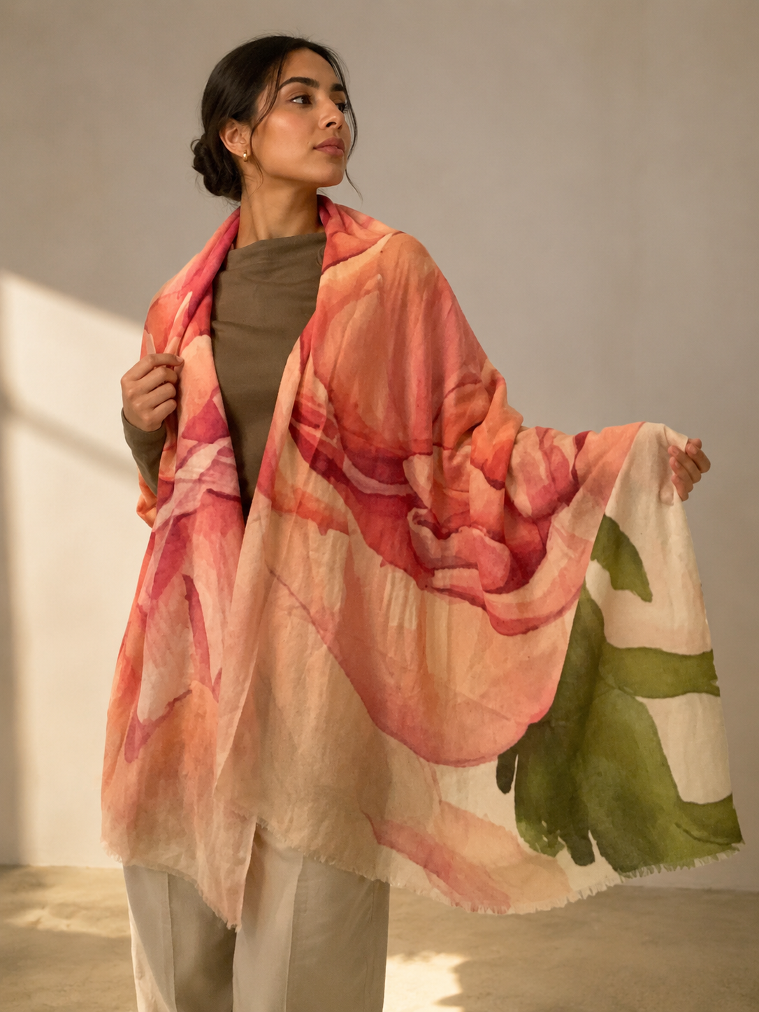 A woman wearing a large peach, pink, and green floral shawl over a brown top and light pants, standing in a softly lit indoor setting.