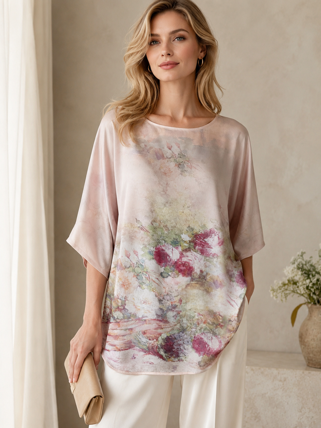 "Printed silk tunic in blush pink with soft watercolour peony and rose garden print — relaxed batwing silhouette, styled with white trousers and beige clutch, editorial lifestyle shot