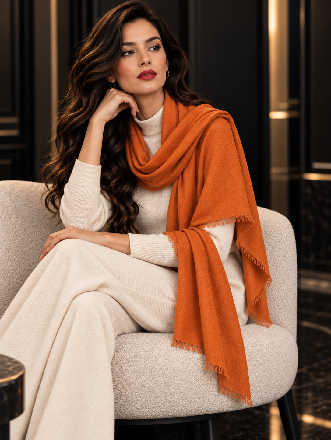 A woman sits in a light beige armchair wearing a cream-colored outfit and a bright orange shawl draped over her shoulders, set against a dark, elegant interior background.