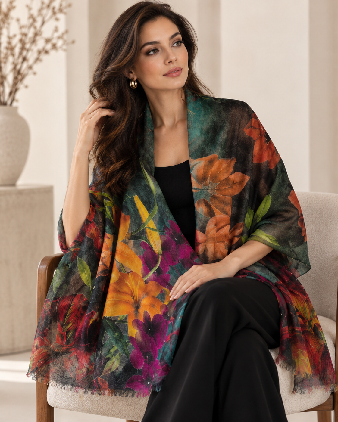 A woman seated in a light upholstered chair wearing a large semi-sheer shawl with a bold floral print in orange, purple, yellow, green, and red over a black outfit, photographed in a softly lit indoor setting.