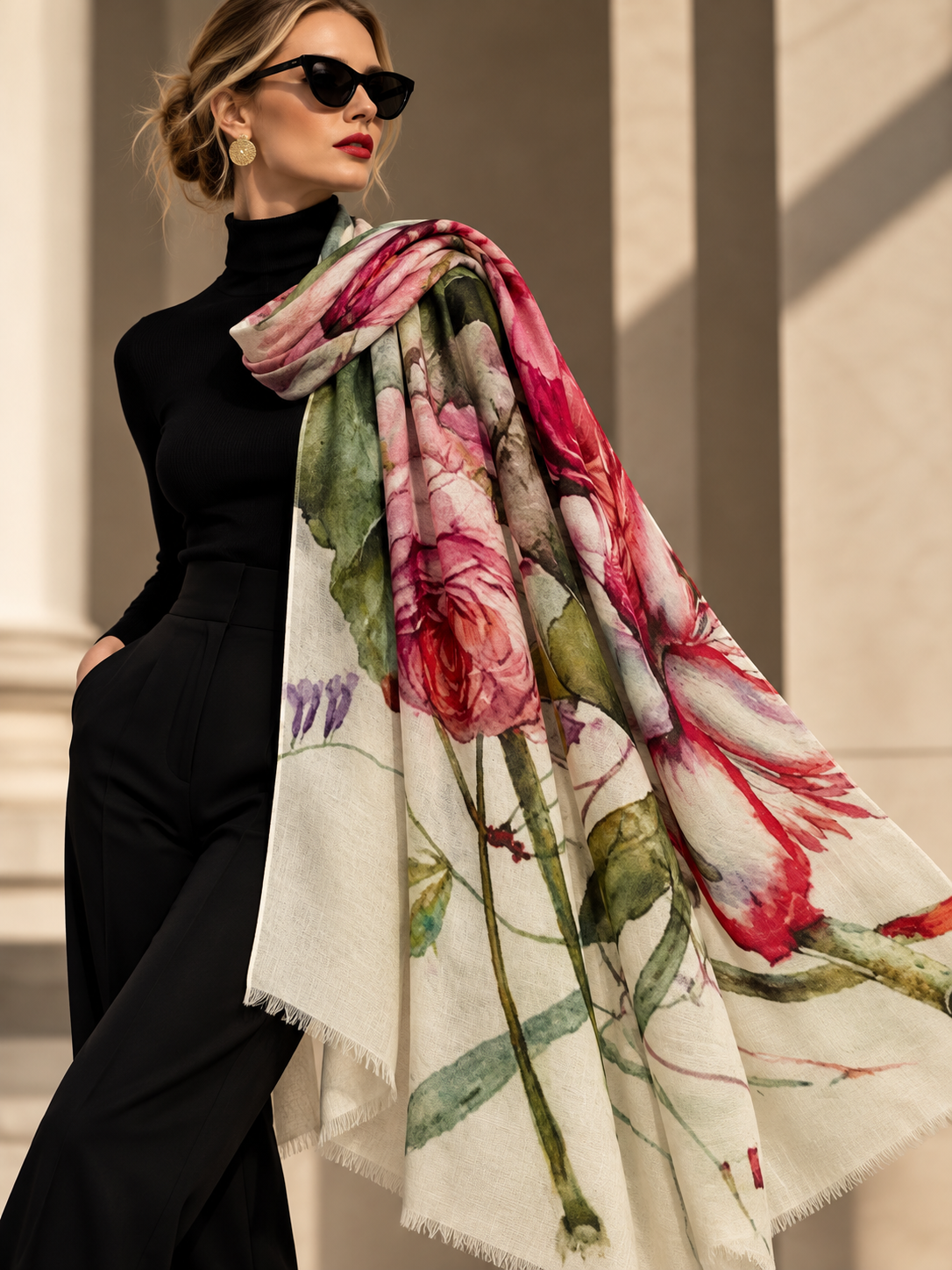 A woman wearing a black turtleneck and trousers models a large cream-colored scarf with a vibrant watercolor floral print of pink roses and green leaves, styled with black sunglasses.