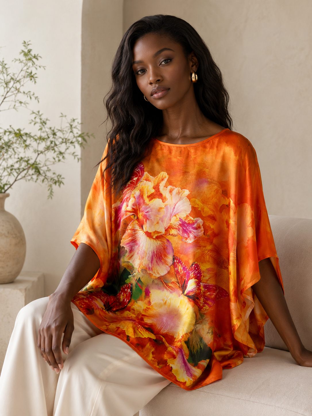 "Printed silk tunic in vivid tangerine orange with large iris and butterfly botanical print in pink, yellow, and green — oversized batwing fit, seated editorial portrait"