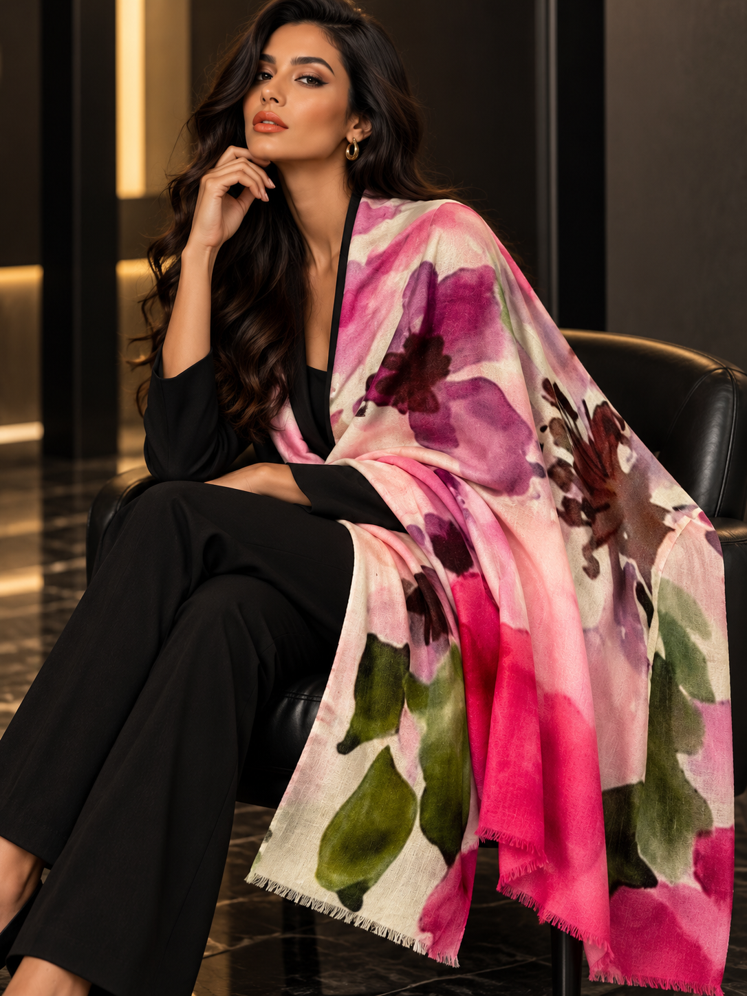 A woman seated in a black chair wearing a black outfit and draped over her shoulder is a large lightweight scarf with a watercolor floral print in pink, magenta, green, and cream.