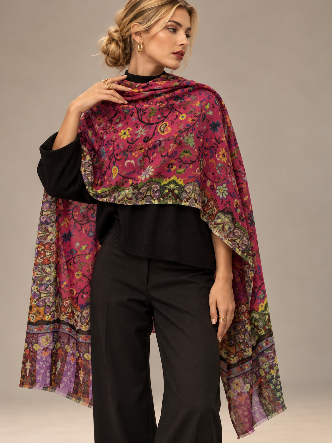 Handwoven cashmere shawl with intricate delicate pattern