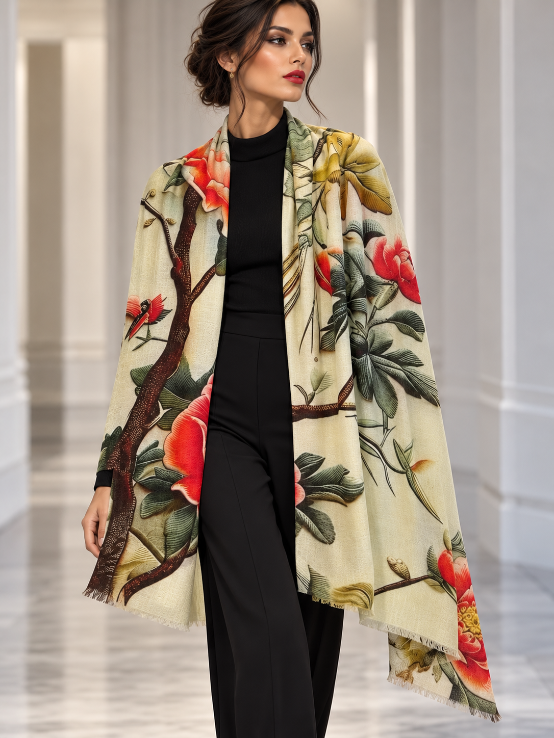 A woman modeling a cream-colored shawl with a vibrant red, yellow, and green floral print, worn over a black outfit in a bright, modern hallway.