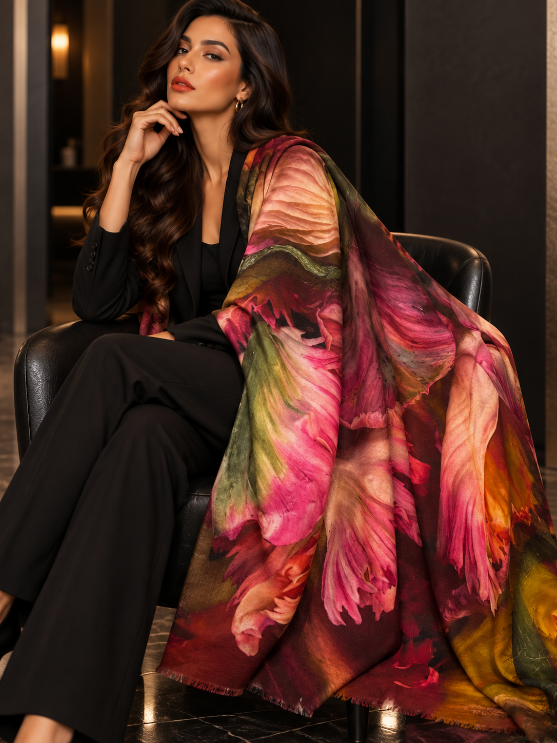 A woman seated in a dark chair wearing a black outfit and draped over her shoulder is a large lightweight scarf or shawl with a painterly abstract floral pattern in pink, red, orange, green, and brown tones.