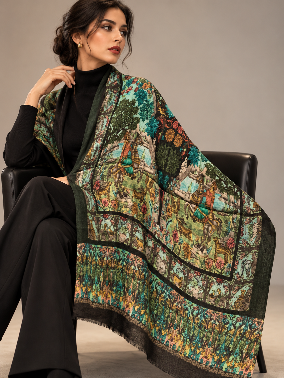 A woman seated in a black chair wearing a large, multicolored patterned shawl draped over her shoulders and arms, paired with a black turtleneck and black trousers, against a neutral studio background.