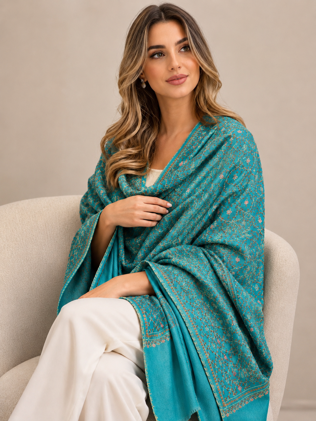 Blue handwoven hand embroidered Kashmiri shawl — Kumari's