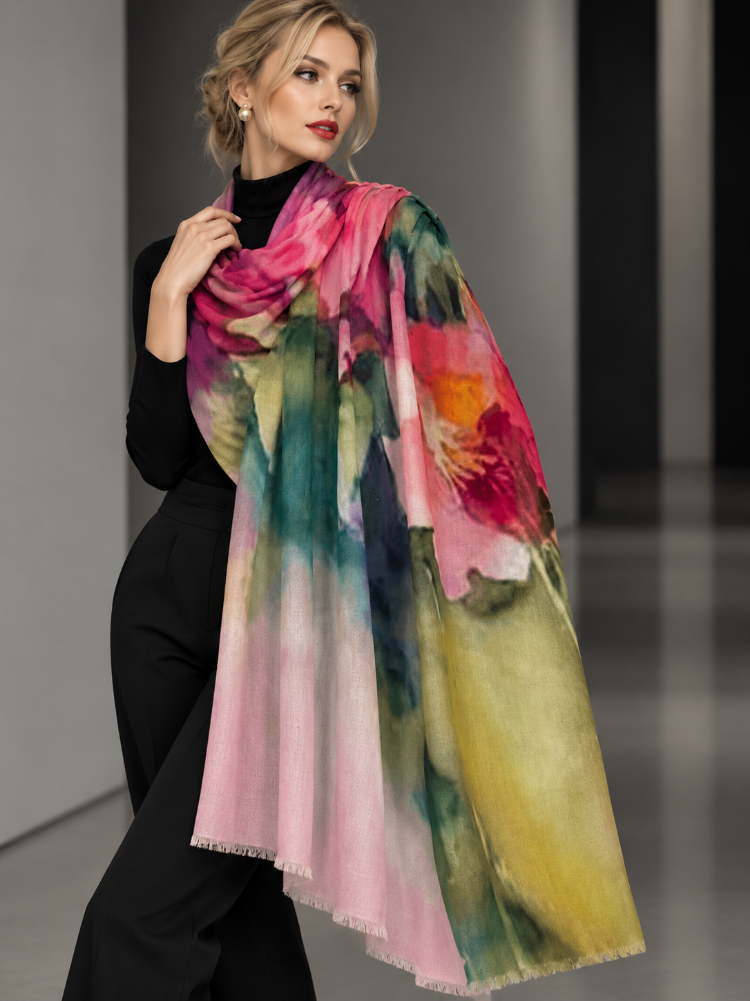 A woman wearing a black outfit models a lightweight shawl with a vibrant watercolor floral pattern in pink, green, yellow, and blue tones.