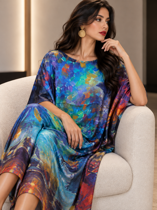 A woman wearing a loose, flowing silk tunic with a vibrant multicolor abstract print, seated on a light beige armchair.