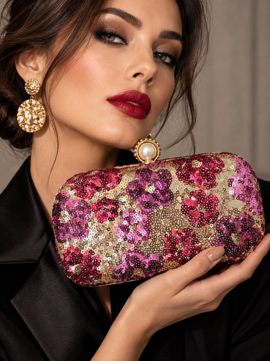 A close-up of a woman holding a rectangular clutch bag covered in pink, magenta, and gold sequins, with matching statement earrings and a black satin top against a soft neutral background.