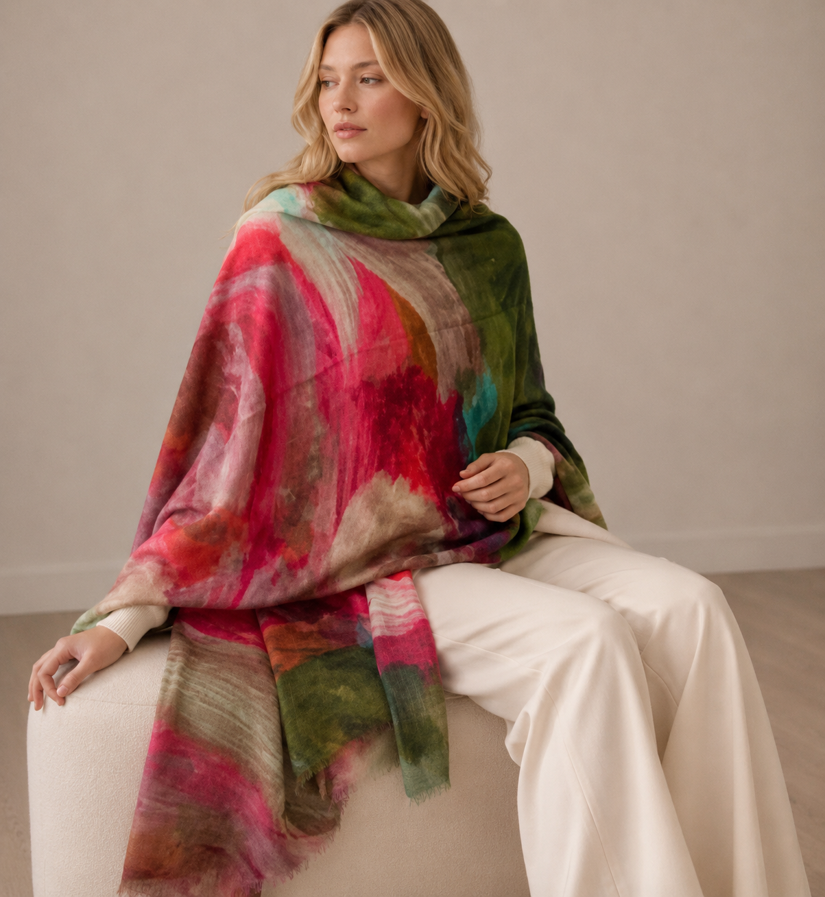 A woman sits on a cream-colored armchair wearing a large, multicolored abstract-printed shawl draped over her shoulders. The shawl features a blend of vibrant pink, deep green, brown, and soft beige tones in a painterly, watercolor-like pattern.