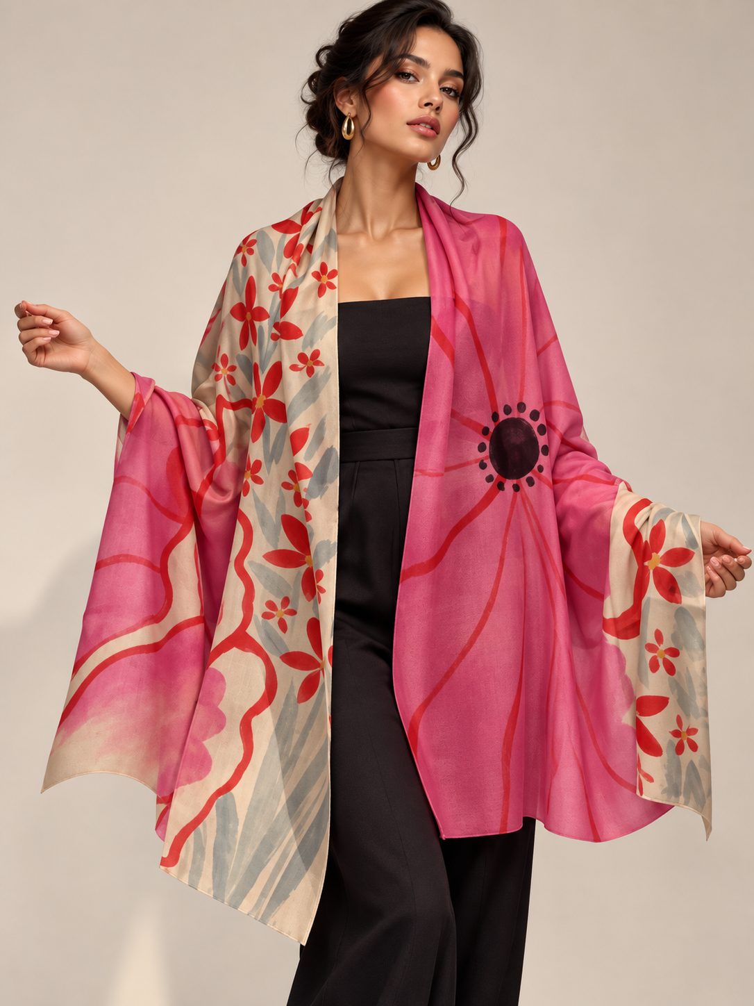 Pink floral with orange floral cashmere scarf