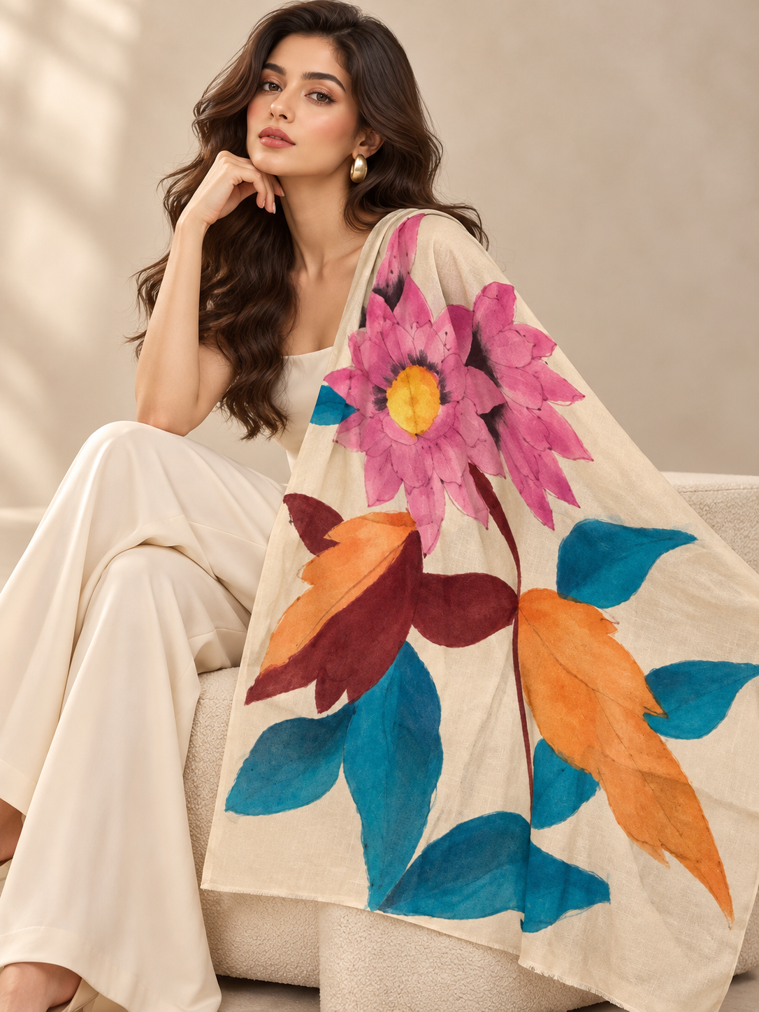 A floral pattern on a beautiful ivory cashmere scarf