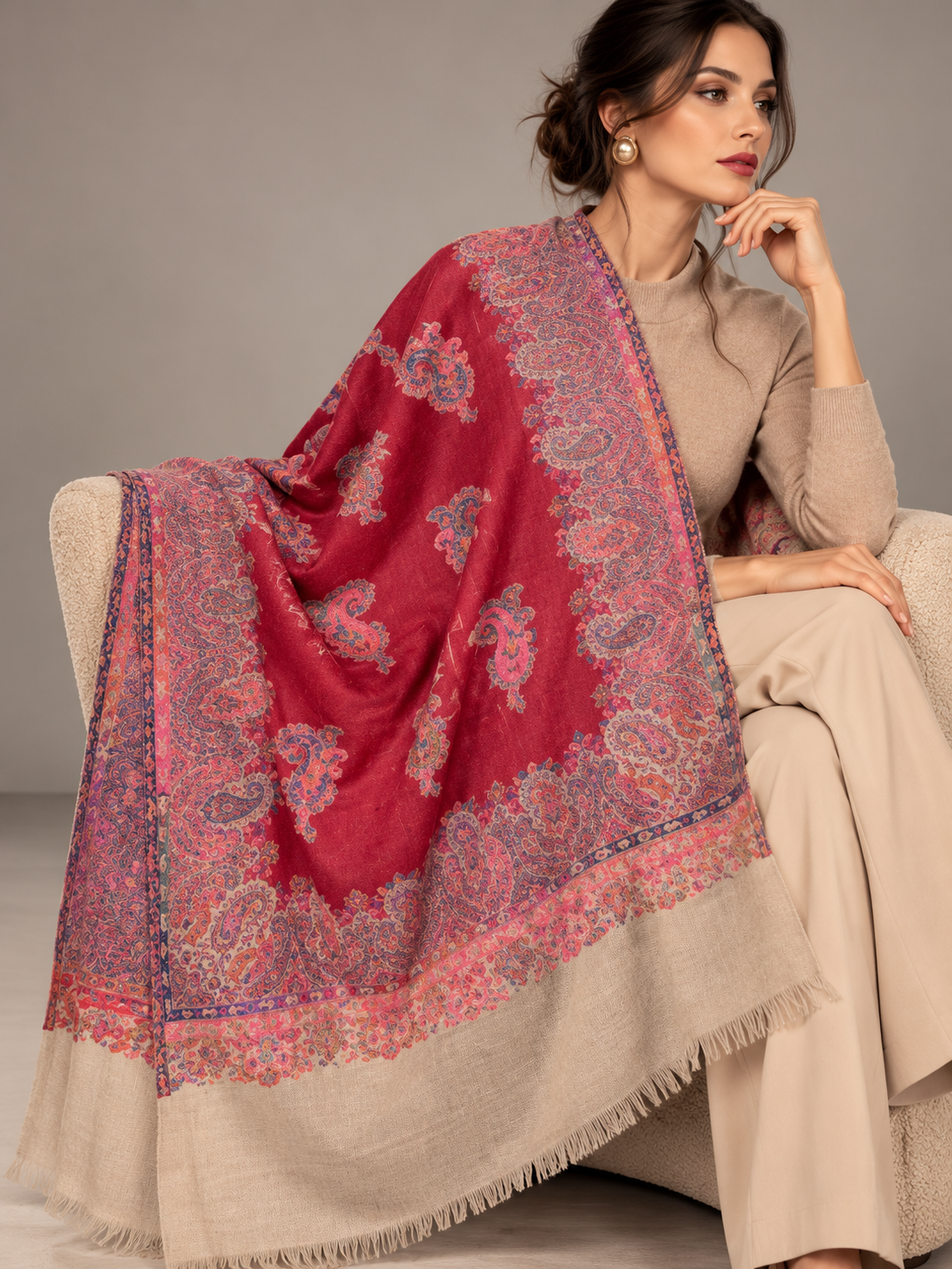 A woman seated on a beige armchair wearing a beige outfit and draped over her shoulder is a large red shawl with intricate paisley and floral border patterns in pink, blue, and gold. The image is shot in a studio setting with a neutral gray background.