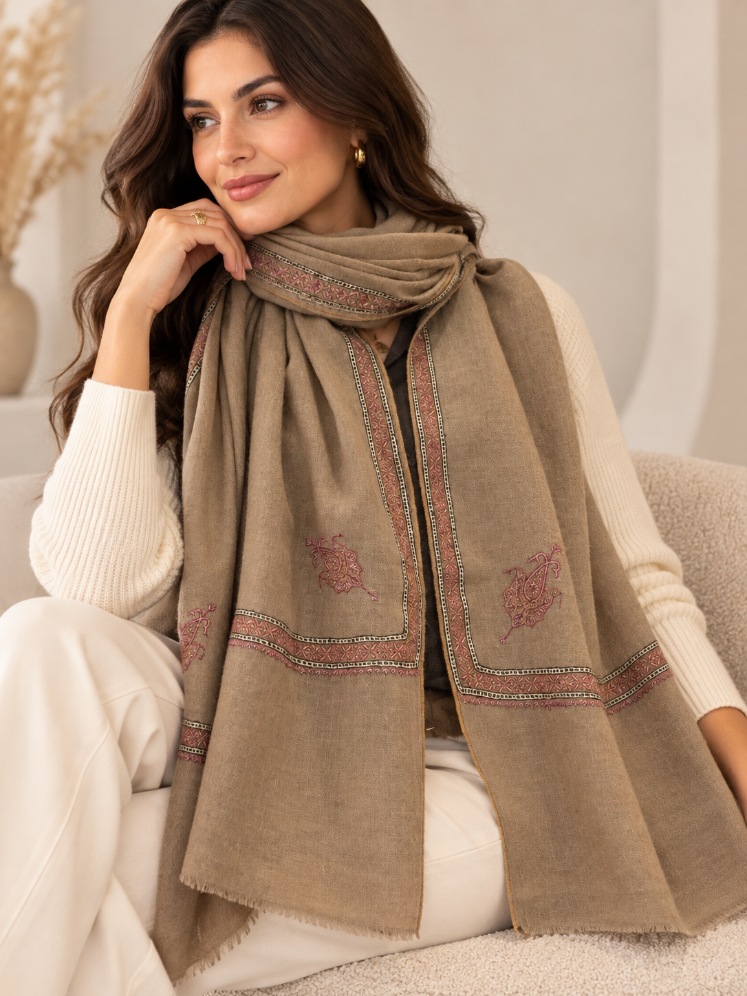 Kashmiri hand embroidered scarf worn by model