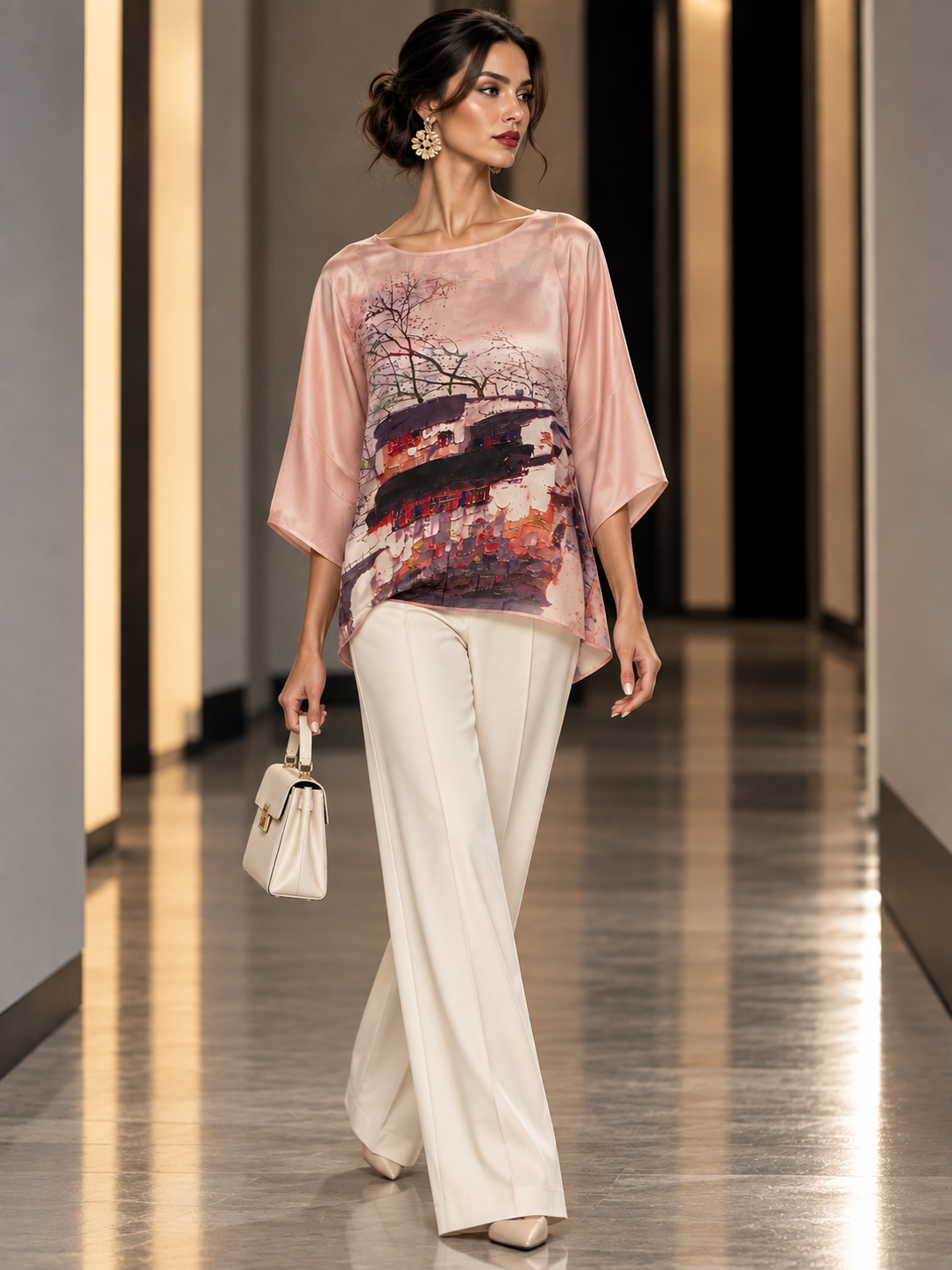 A woman walks down a fashion runway wearing a light pink short-sleeve top with a multicolor abstract landscape print, paired with off-white wide-leg trousers and holding a small white handbag.