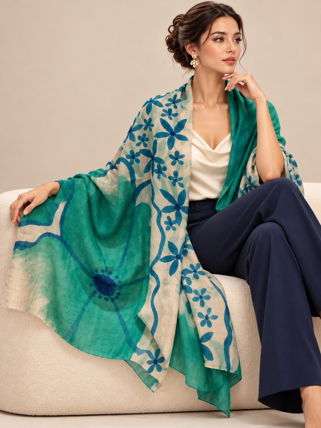 A handwoven cashmere blue patterned scarf