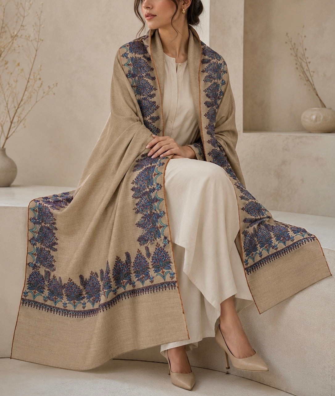 Hand embroidered woven shawl