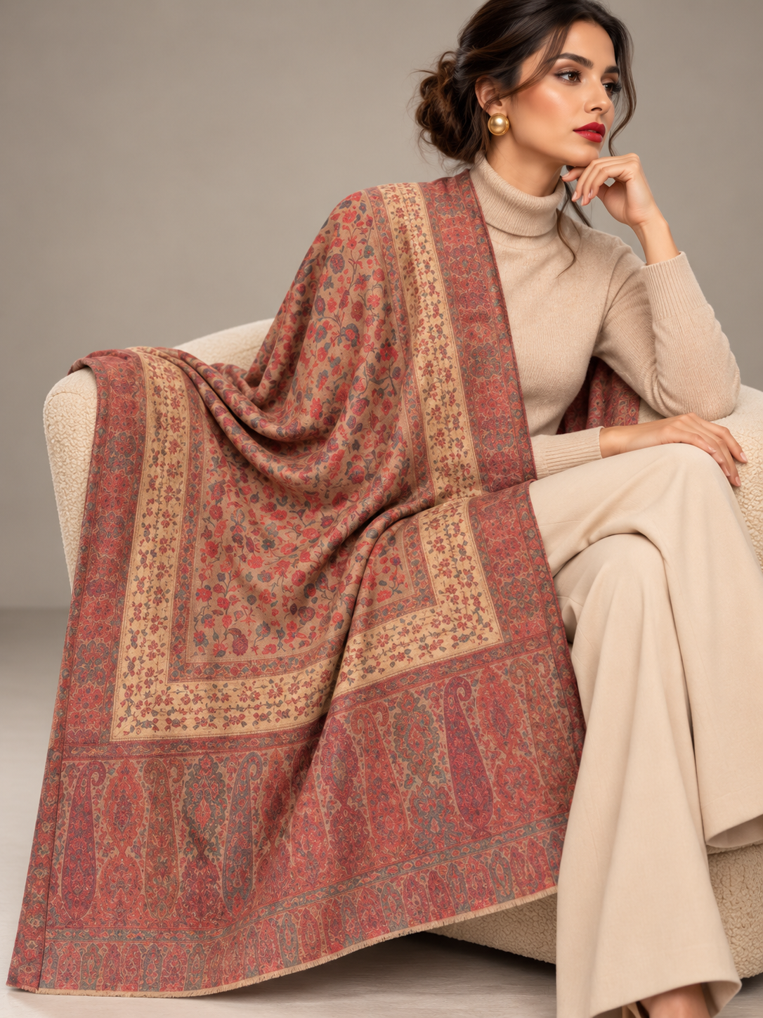 A woman seated on a light beige armchair draped a large patterned shawl or scarf over her body. The textile features a muted rust red base with beige borders and ornate floral motifs in soft blue and green.