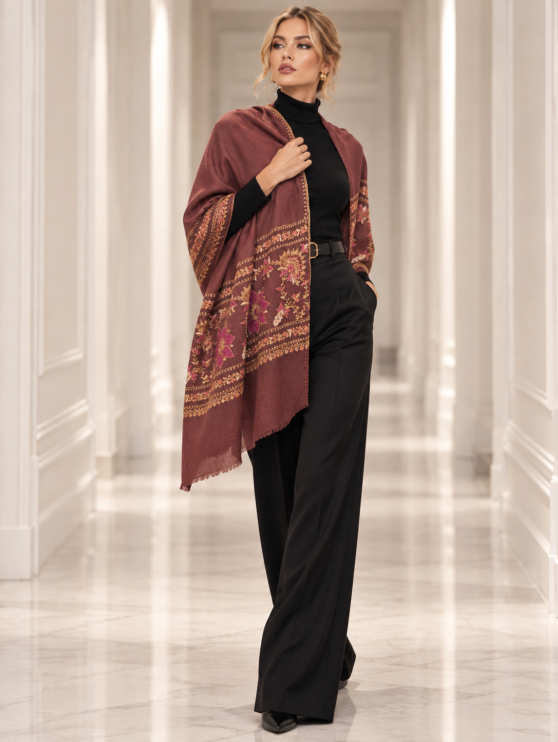 Hand woven hand embroidered kashmiri shawls on model wearing black