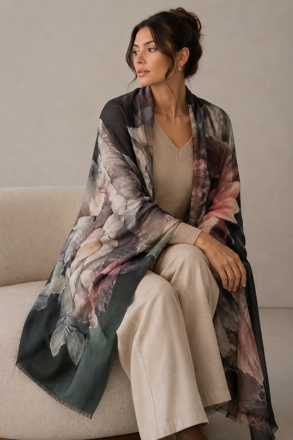 A woman sits on a beige sofa wearing a large floral shawl draped over her shoulders. The shawl features a painterly watercolor design in muted tones of gray, pink, beige, and dark green.