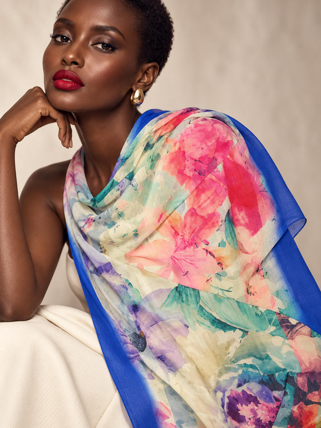 Model wearing a beautiful wool & silk scarf