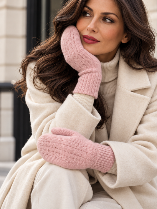 Ballet pink cashmere mitten worn by model