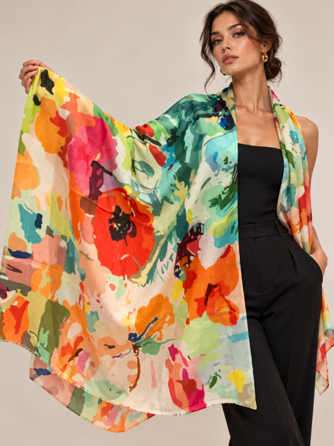Floral orange and green cashmere scarf