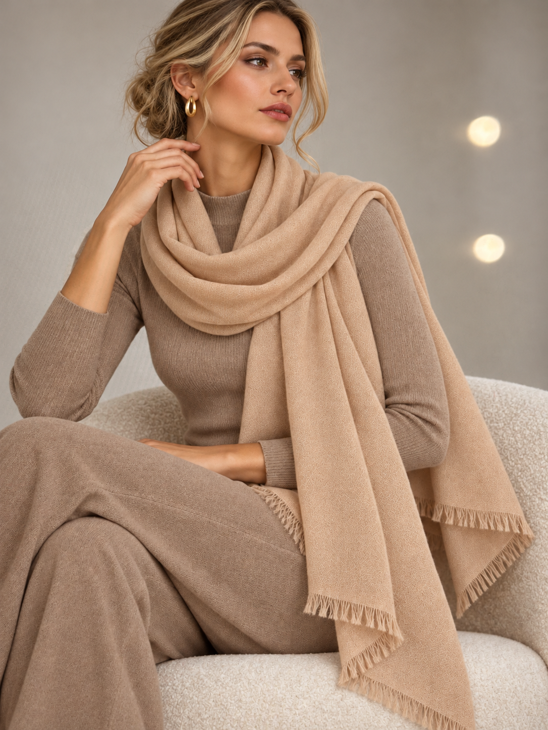 A woman seated on a light upholstered chair wearing a taupe knit outfit and a large draped scarf in a warm beige tone. The scarf has fringed edges and is styled over the shoulders, with soft indoor lighting and blurred lights in the background.