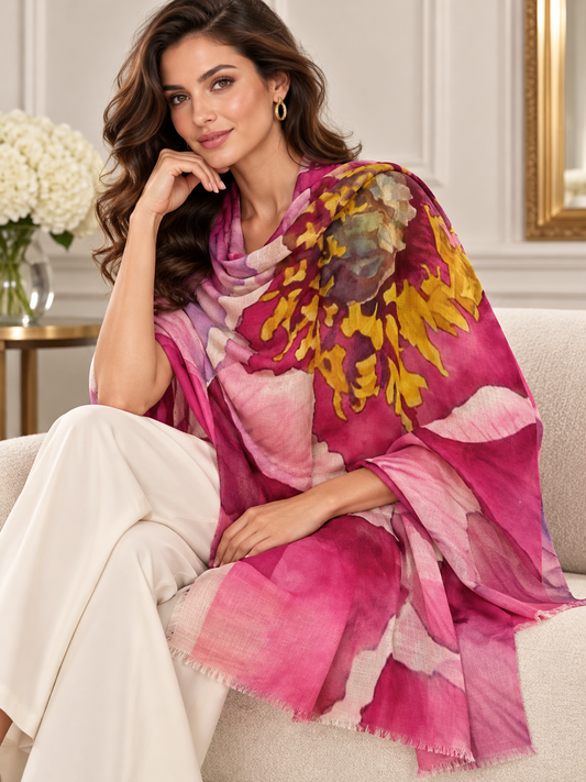 A woman sits on a light beige sofa wearing a large, vibrant floral shawl in shades of magenta pink, purple, and yellow. The shawl features a painterly watercolor design with fringed edges.