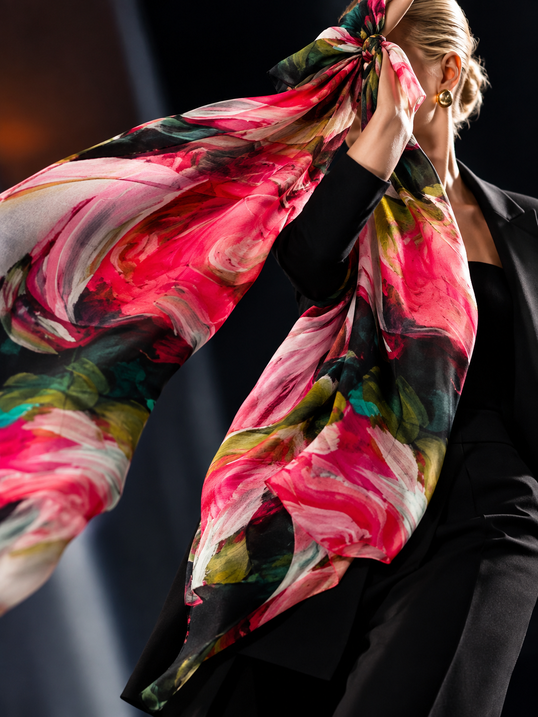 A model in a black blazer holds up a lightweight silk scarf with a vibrant abstract floral print in pink, red, green, and black.