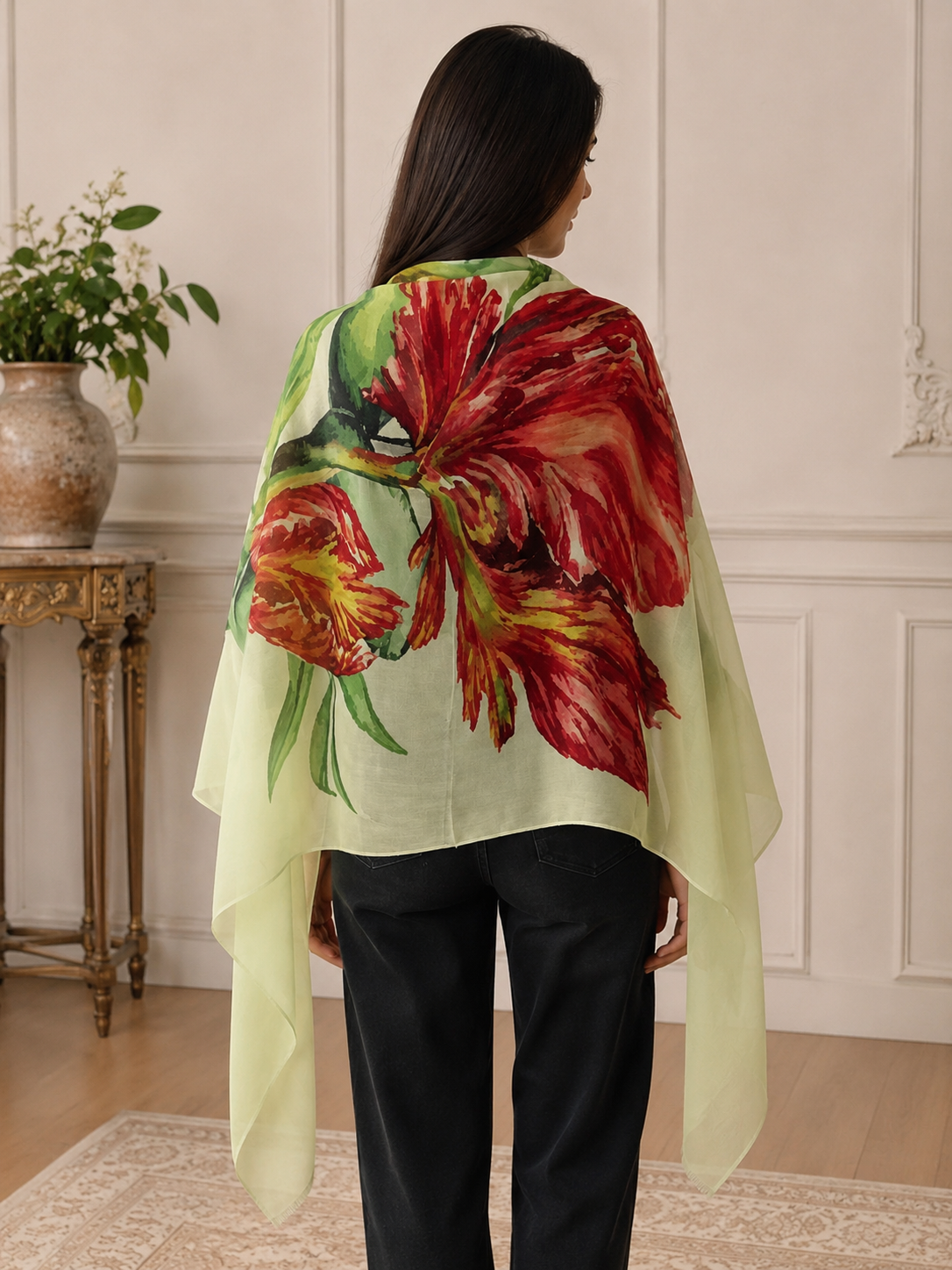 Floral hand loomed lightweight cashmere scarf