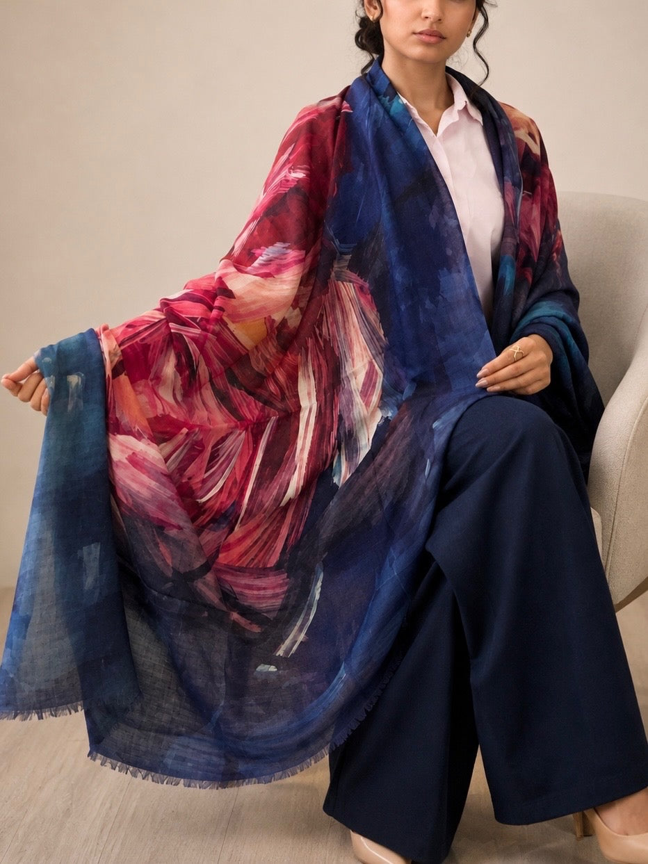 A woman seated indoors wearing a large lightweight shawl draped over her shoulders. The shawl has an abstract painterly print with deep blue, magenta pink, burgundy, and cream areas, and is styled over a white collared top and dark navy wide-leg pants.