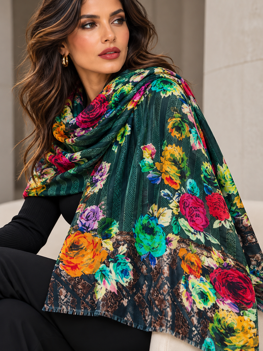 A beautiful floral scarf worn by a model