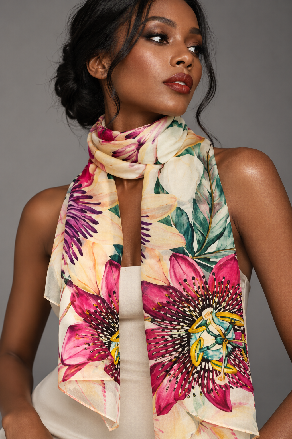 A woman modeling a lightweight scarf with a vibrant floral print featuring large pink and purple flowers, green leaves, and yellow accents on a cream background, paired with a beige sleeveless top against a solid gray studio background.