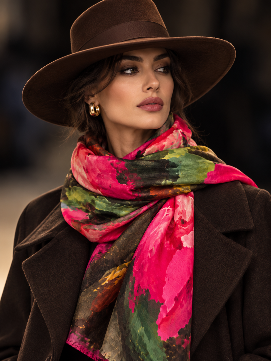 Model wears a handwoven cashmere shawl in pinks and greens