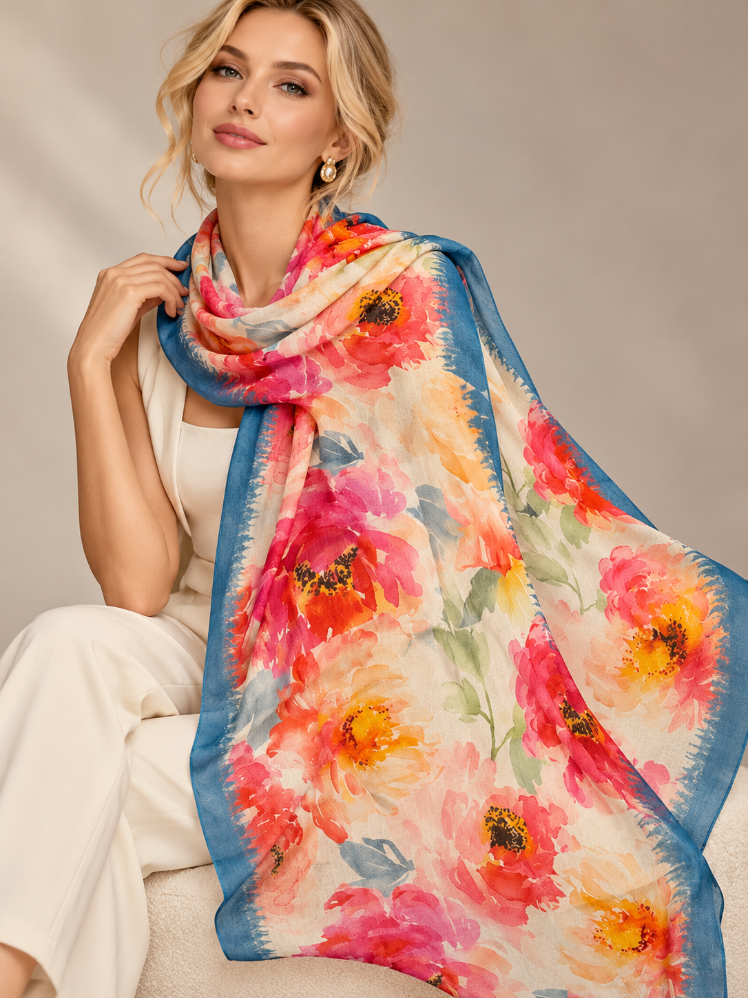A woman wearing a white sleeveless top and white pants is draped with a large lightweight scarf featuring a watercolor-style floral print in pink, red, orange, yellow, and blue on a light cream background.