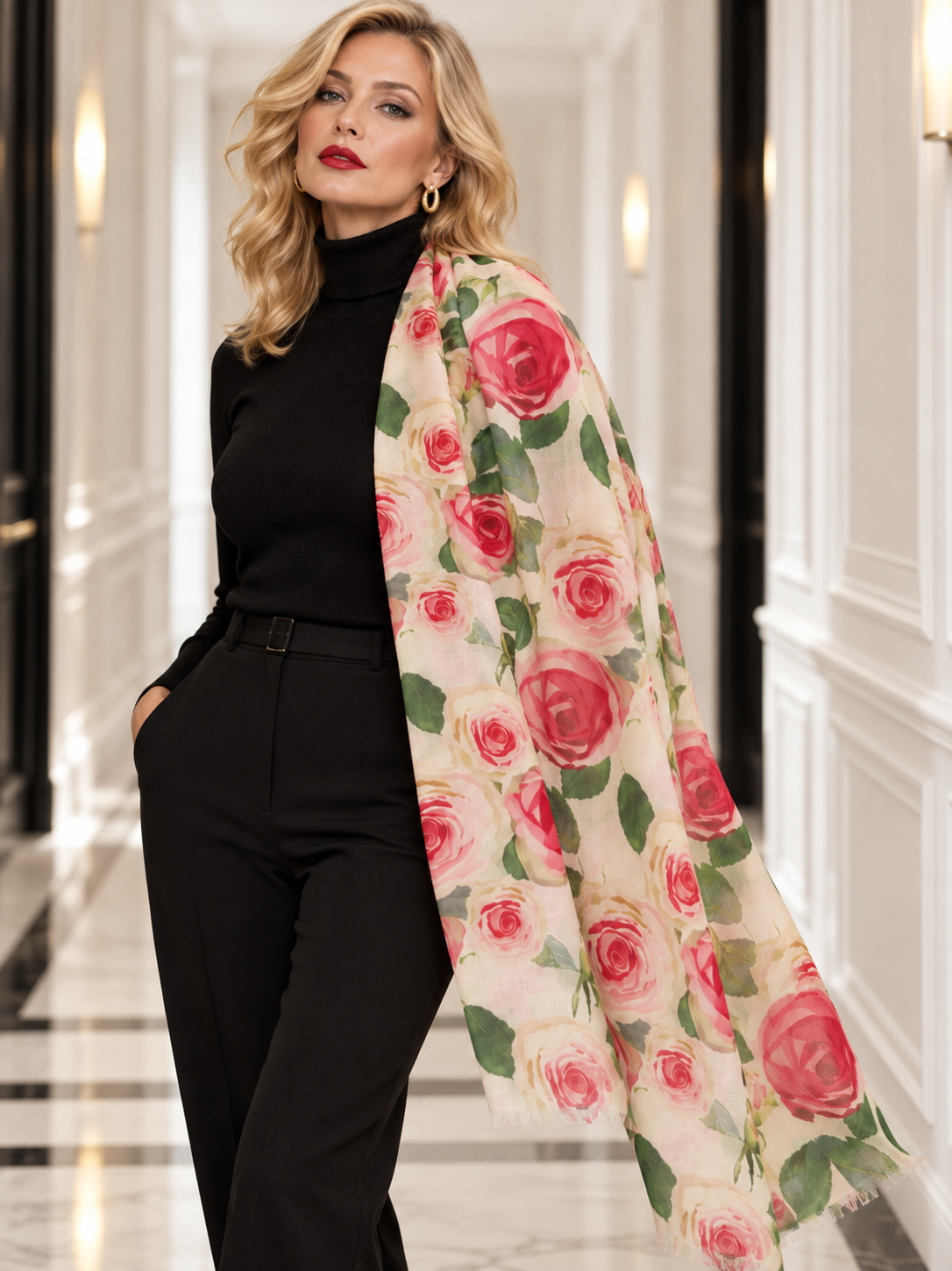 A woman models a lightweight beige scarf with a vibrant pink and red rose pattern and green leaves, styled over a black turtleneck top and black trousers in a bright hallway.