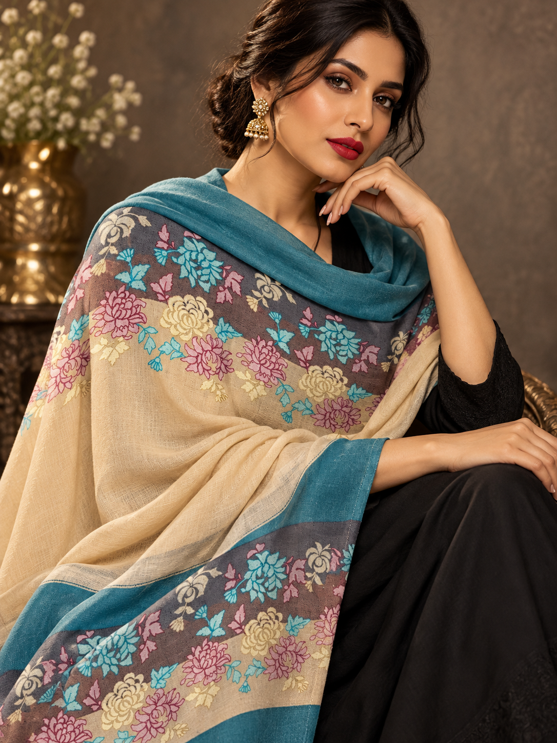 Model wears an embroidered shawl
