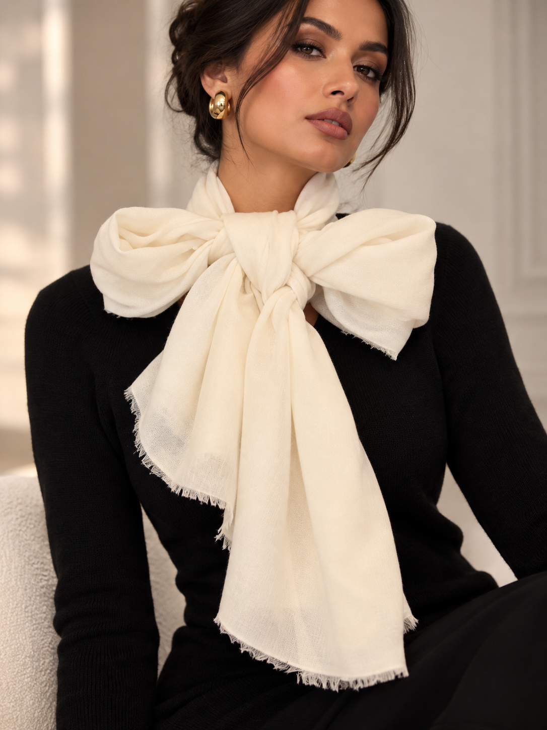 A woman wearing a large cream-colored scarf tied in a bow around her neck over a black top, with a soft indoor background.