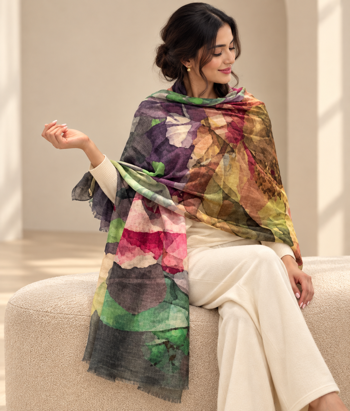 A woman sits on a beige upholstered bench wearing a lightweight multicolor shawl draped over her shoulders. The shawl has a watercolor floral pattern with prominent shades of purple, green, pink, yellow, and brown.