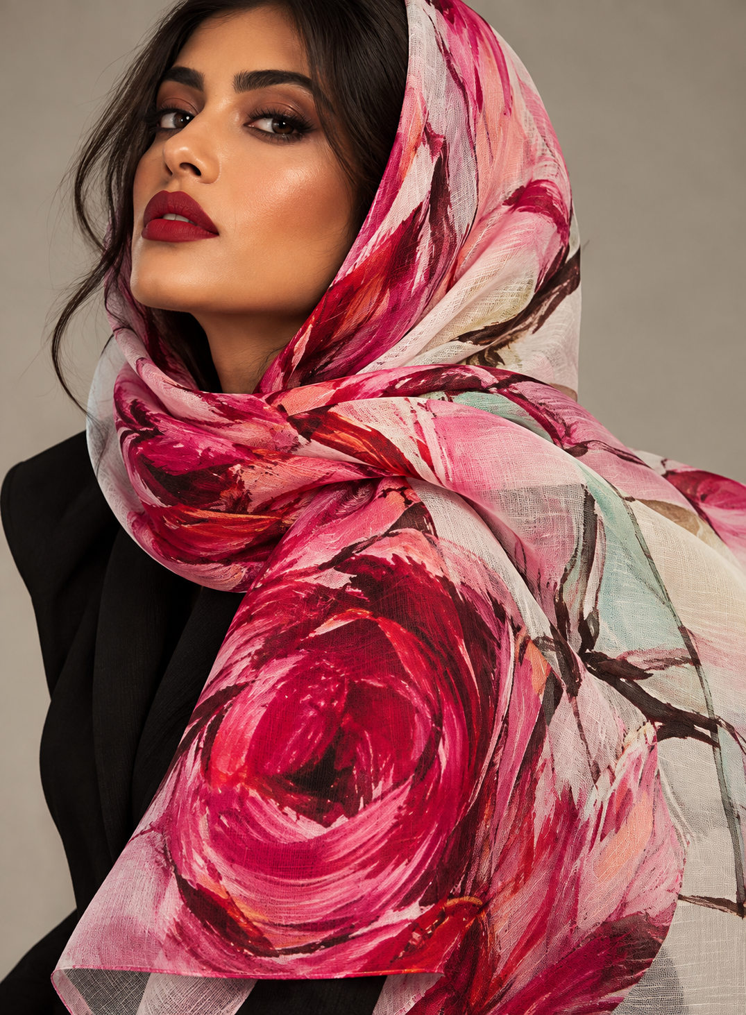 A close-up of a model wearing a lightweight, semi-sheer scarf with a large pink and red floral print, styled over a black top against a neutral gray background.