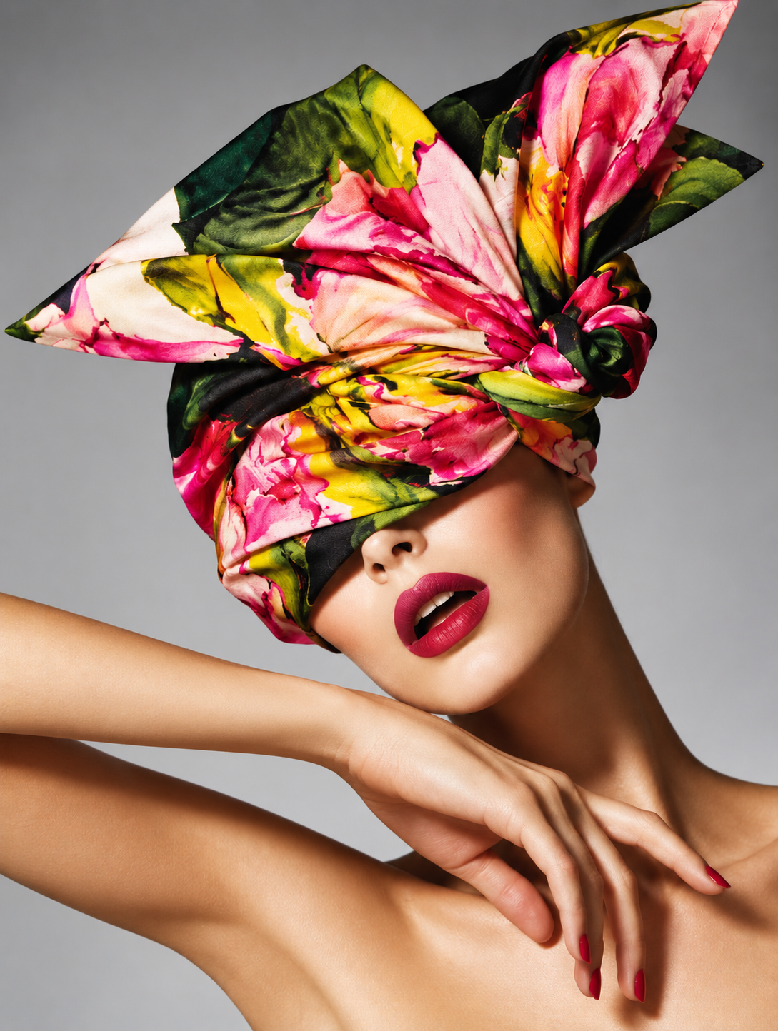A model wearing a vibrant, oversized floral headscarf in pink, green, yellow, and black, styled with bold red lipstick and manicured nails against a neutral gray background.